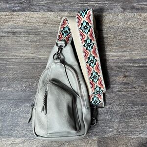 Antik Kraft Gray Leather Sling Bag with Patterned Strap
